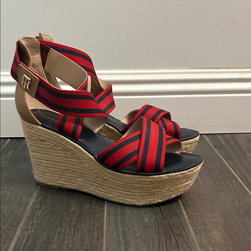 Tommy Hilfiger Striped Red, Blue and Tan Wedges